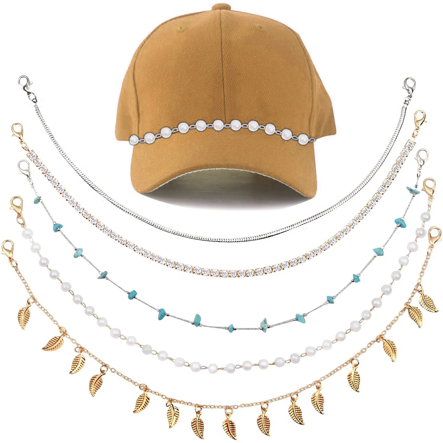 

5PCS Trucker Hat Chains – Gold Leaf, Turquoise, Pearl Hat Chain, Decorative Bill Chains for Baseball Caps, DIY Hat Accessories