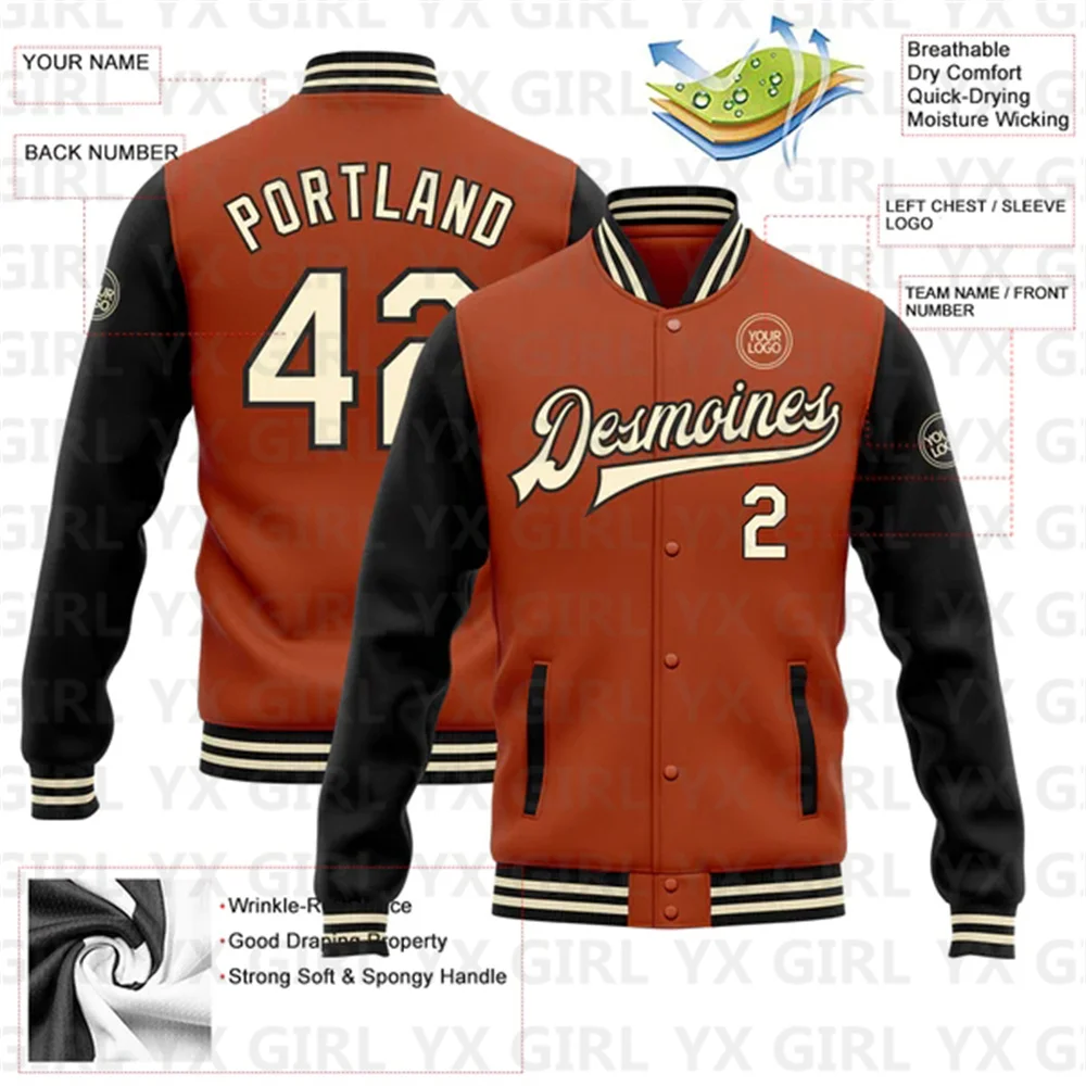 Custom Texas Orange Cream-Black Bomber Full-Snap Varsity Letterman Two Tone Jacket 3D Baseball Button Jacket