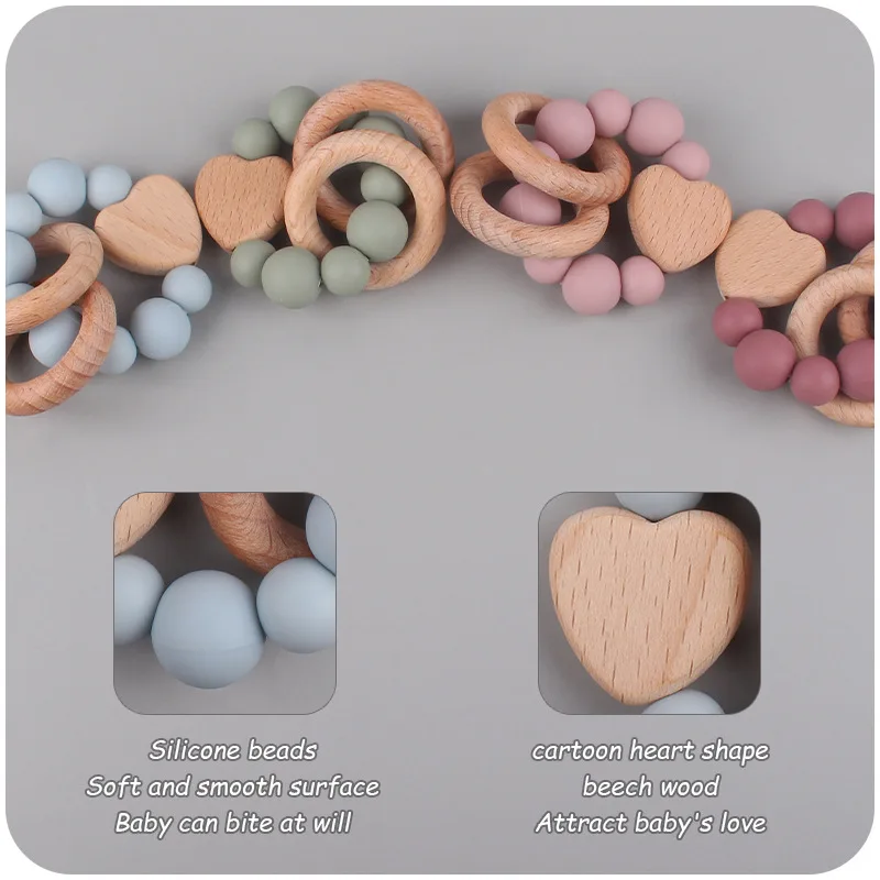 Baby Nursing Bracelets Teether Toys Silicone Beads Wooden Beech Ring Beads Teething Wood Rattles Fidget Toys Newborn Accessories