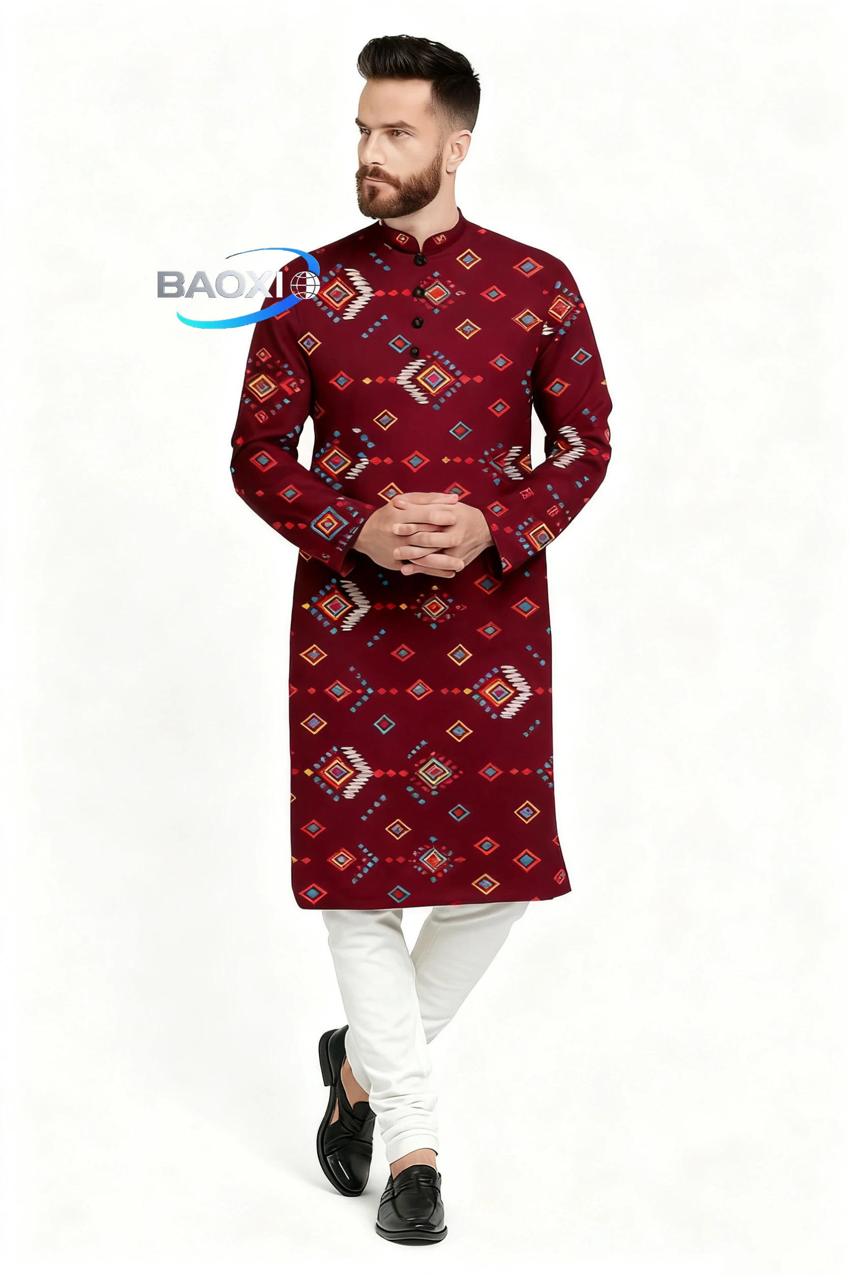 Uomo stampa digitale kurta pensiha vestibilità regolare colletto alla coreana lungo adatto a tutte le occasioni come matrimonio Hari Raya Aidilfitri,