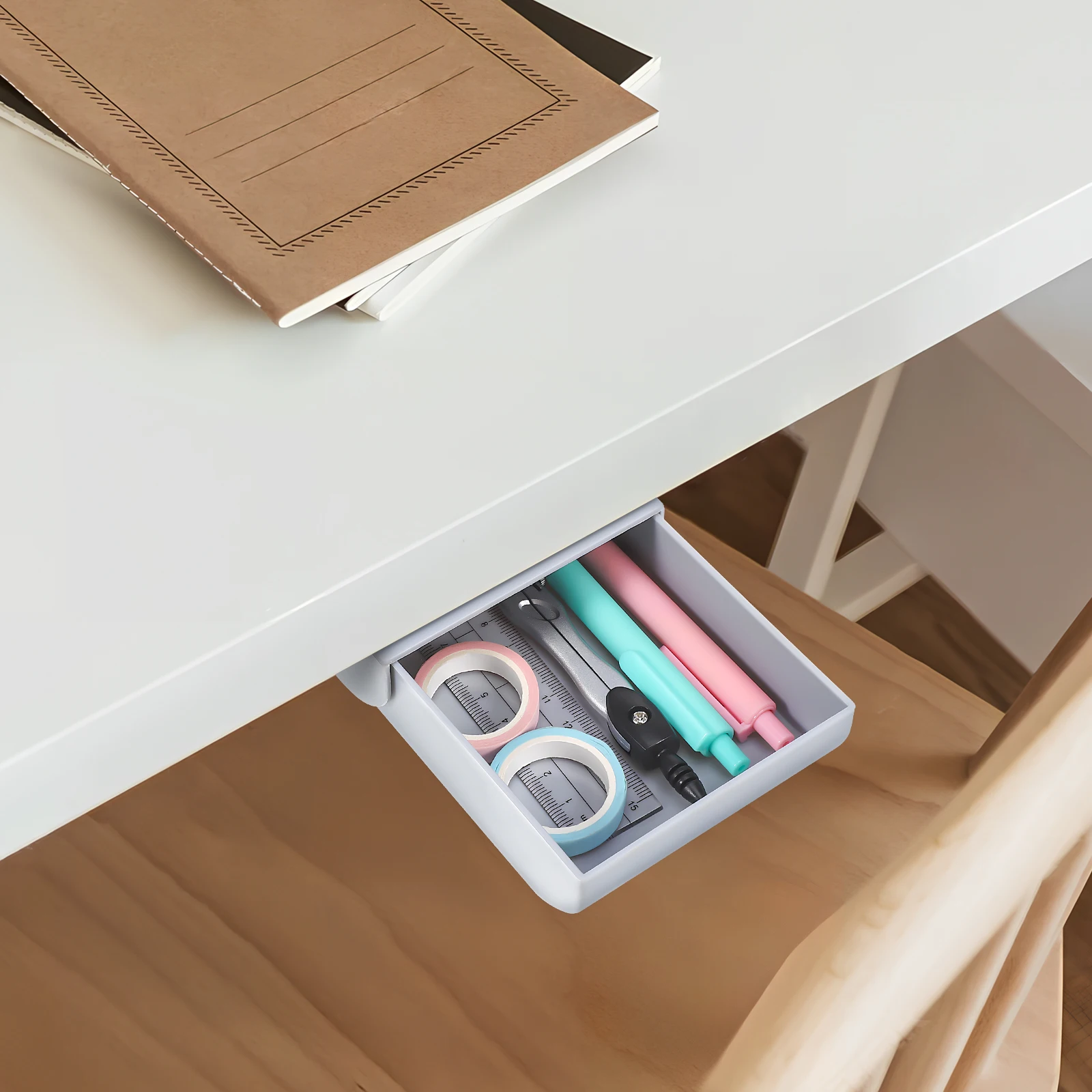 2pcs Hidden Drawer Type Adhesive Pen Box Grey Desk Bottom Storage Organizer For Office School Supplies Invisible Under Desk