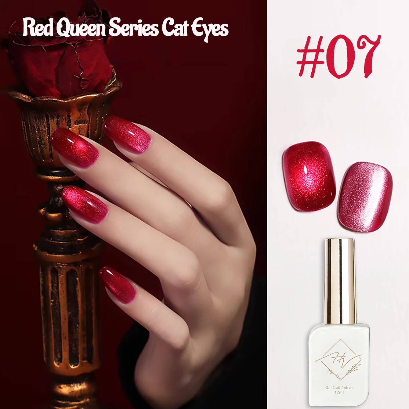Nail Art Queen - 1個入り ZH クリスマスネイル、高貴な赤と桃色のクイーンシリーズ、キャッツアイジェルネイルポリッシュ、秋冬に人気のガラスビーズとクリスタルを使ったネイルアート。