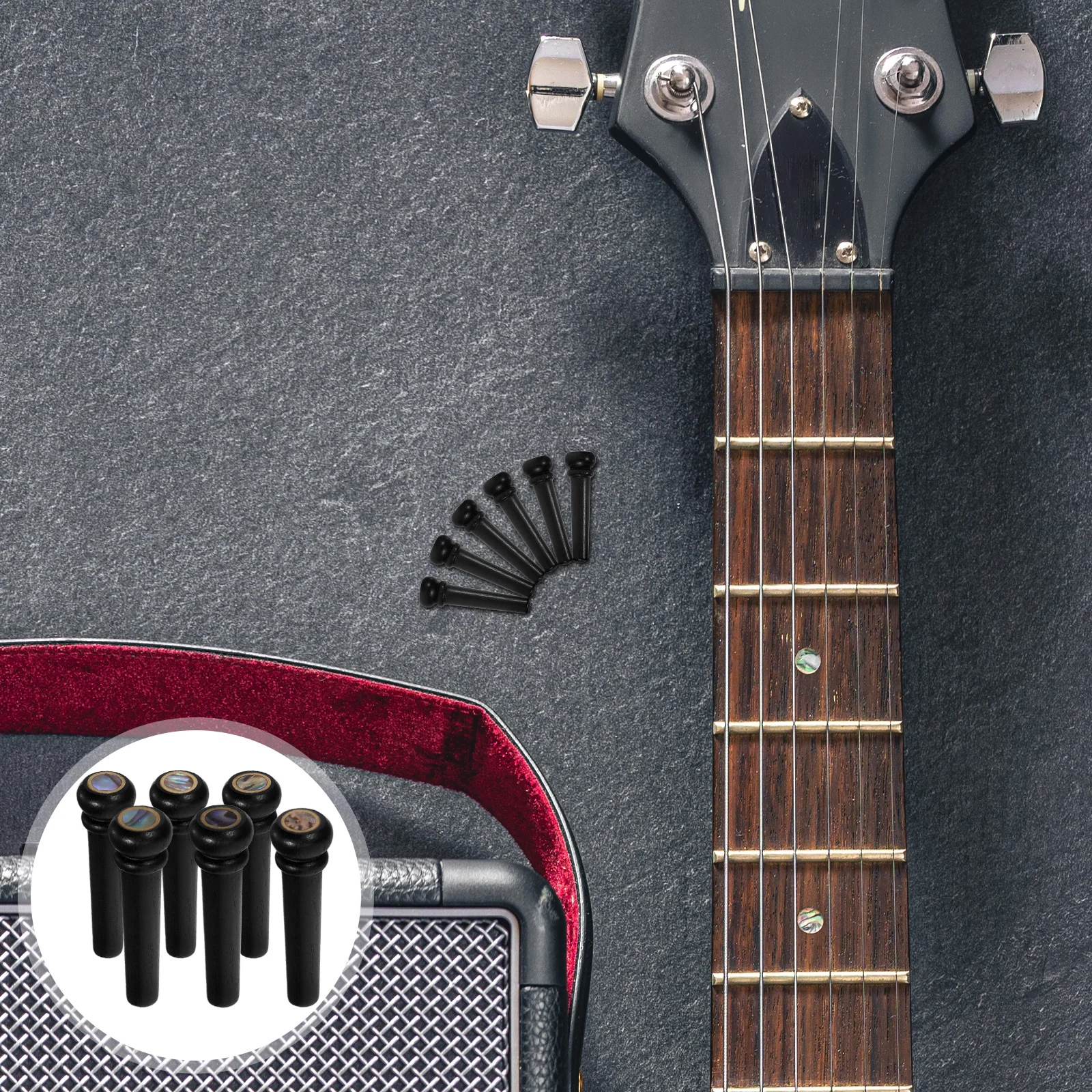 

6Pcs Ebony Bridge Pins Acoustic Guitar Replacement Parts Copper Ring Abalone Inlay Improve Tone Stability Guitar Accessories