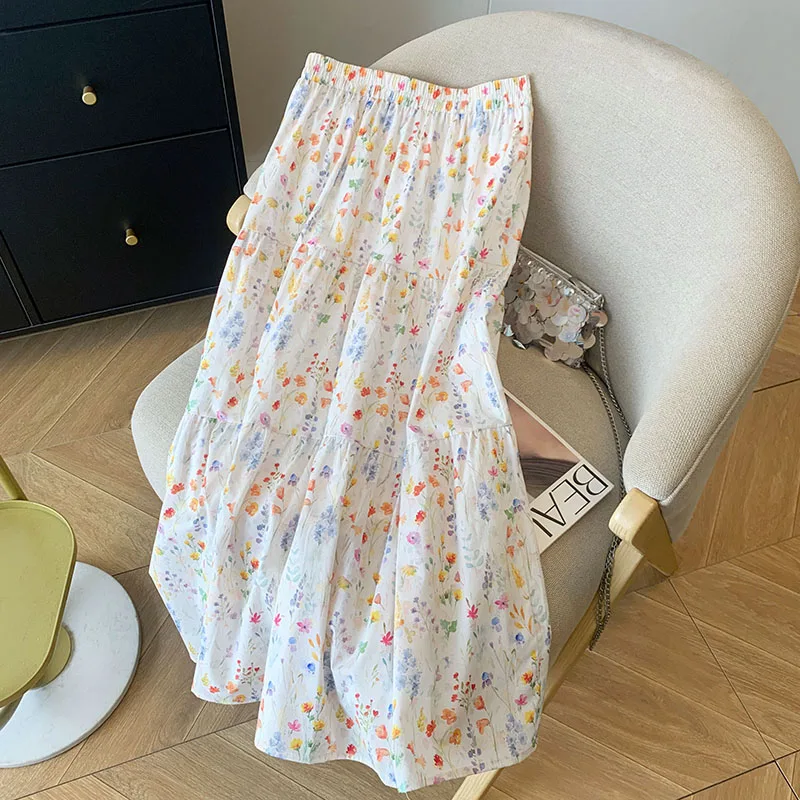 Women Flower Print Mori Dirl Skirt Vintage Aesthetic Y2k Long Skirts Harajuku Korean A-line Skirt 2000s Cutecore Clothes Summer