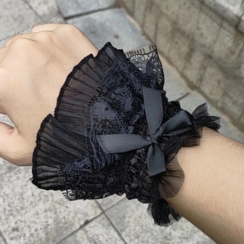 

Black Lace False Cuffs Lolita Hand Sleeve Wrist Sweater Ruffled Shirt Elastic Detachable Sleeved Elegant Short Cuffs Decorative
