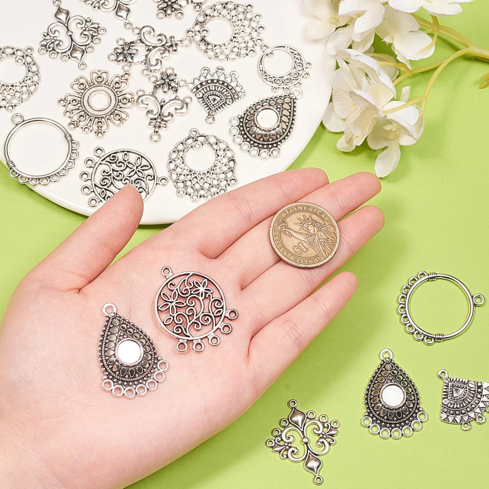 60pcs Mixed Styles Chandelier Charms Vintage Flower Shape Tibetan Connectors Antique Silver Filigree for Jewelry Making Earrings