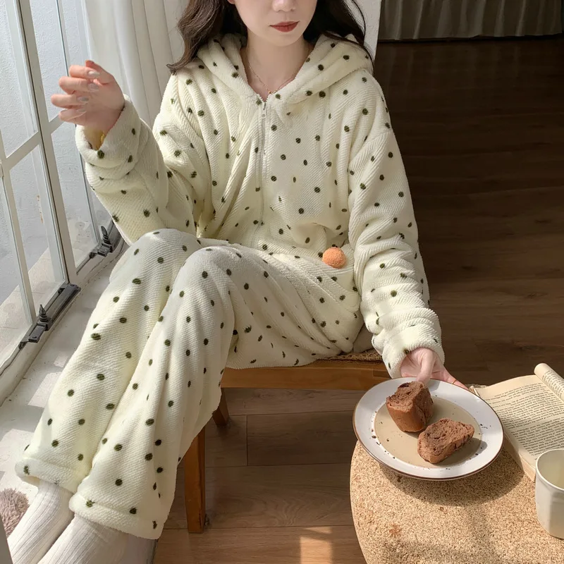 

Women's Pajamas Homewear Coral Fleece Sleepcoat Polka Dot Colorful Autumn Winter Girl's Two-Piece Thicken Loungewear Sleepwear