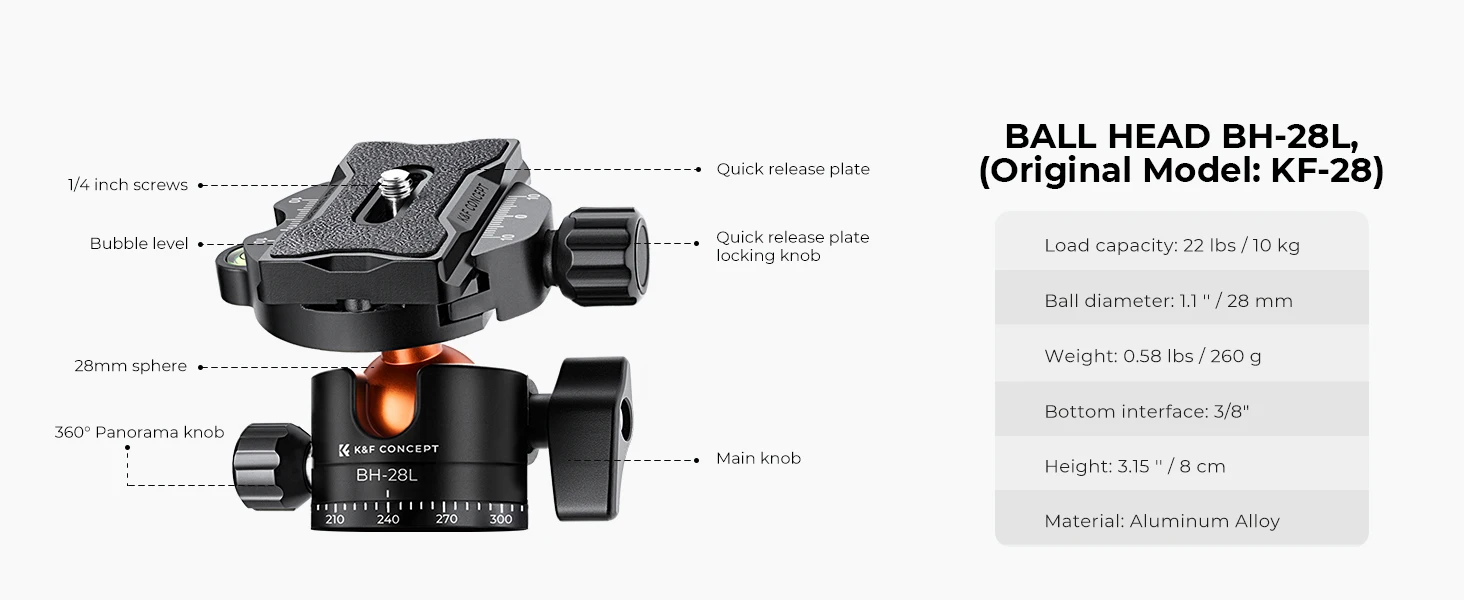 K&F CONCEPT 2 m Overhead-Aluminium-DSLR-Stativ, kompaktes tragbares Vlog-Stativ, Einbeinstativ, 22 lbs/10 kg Tragkraft, K234A7 + BH-28L Kamerastative – Detail 11