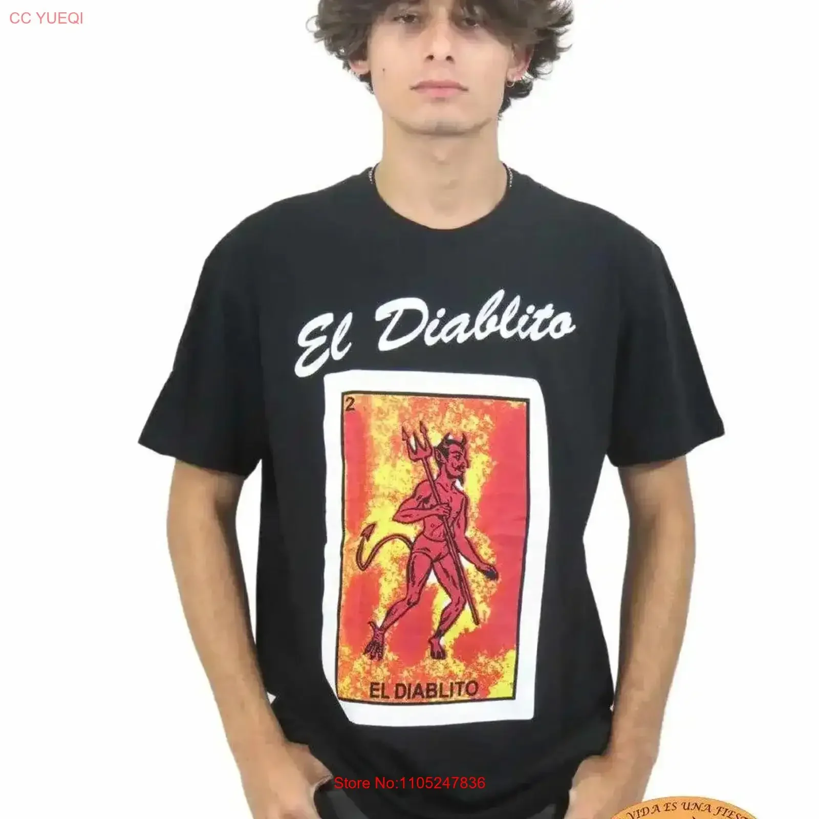 Camiseta El Diablito Mexican Loteria, Algodón Vintage Lavado, Estilo Urbano, Ropa de Diseñador Ligeramente Usada, Casual, Suave, Vintage para Hombre