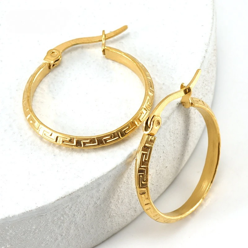Titanium Steel Geometric Great Wall Pattern Round Earrings for Women