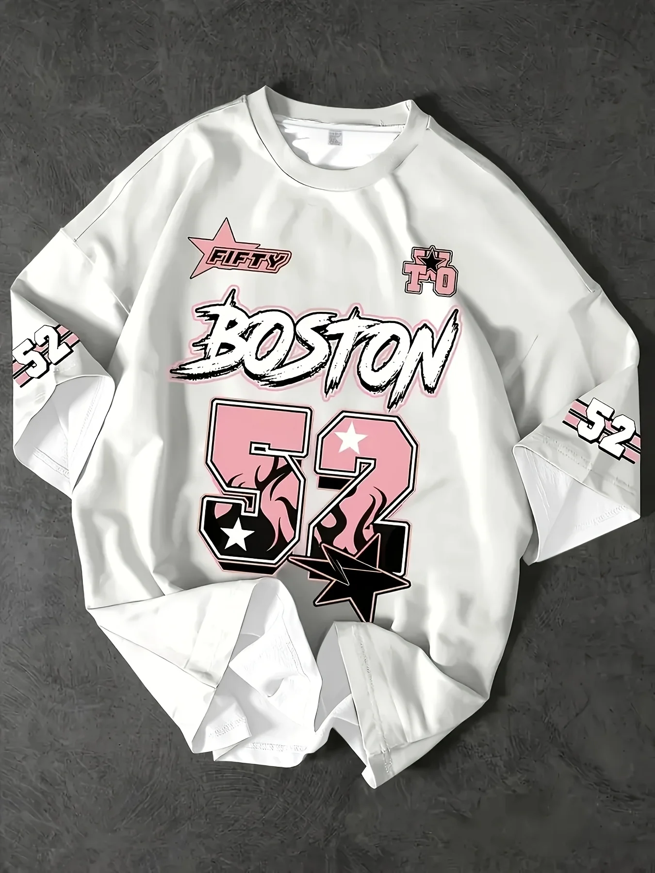 Men's Boston 52 Graphic Fake Two Piece T-Shirt Streetwear Oversized Short Sleeve Tee American Vintage Basketball Style Top Male