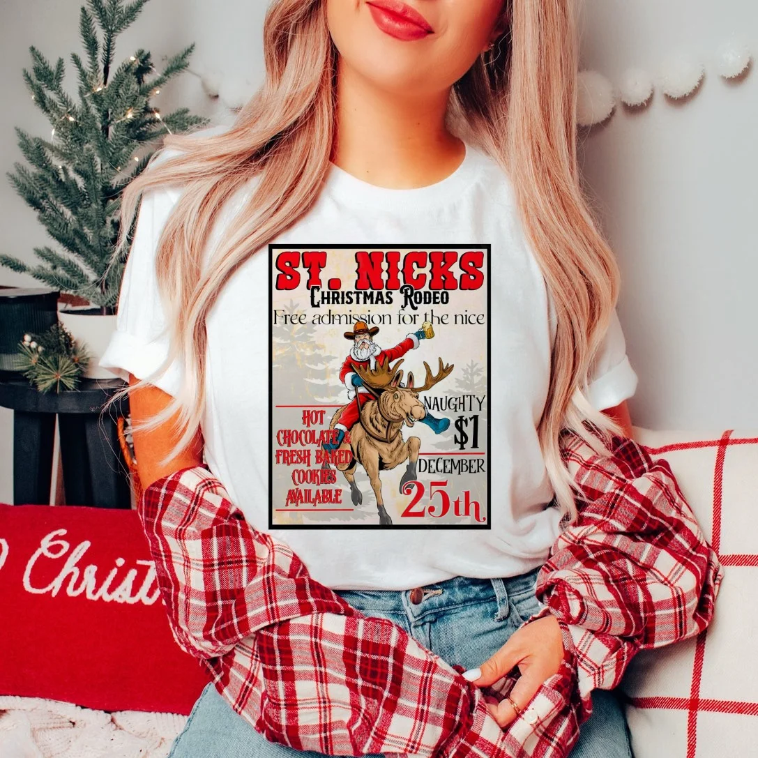 Retro St Nicks Christmas Rodeo Poster Trendy Cute 90s Women's Clothing Pattern Fashion Printed Short Sleeve Women's T-Shirt