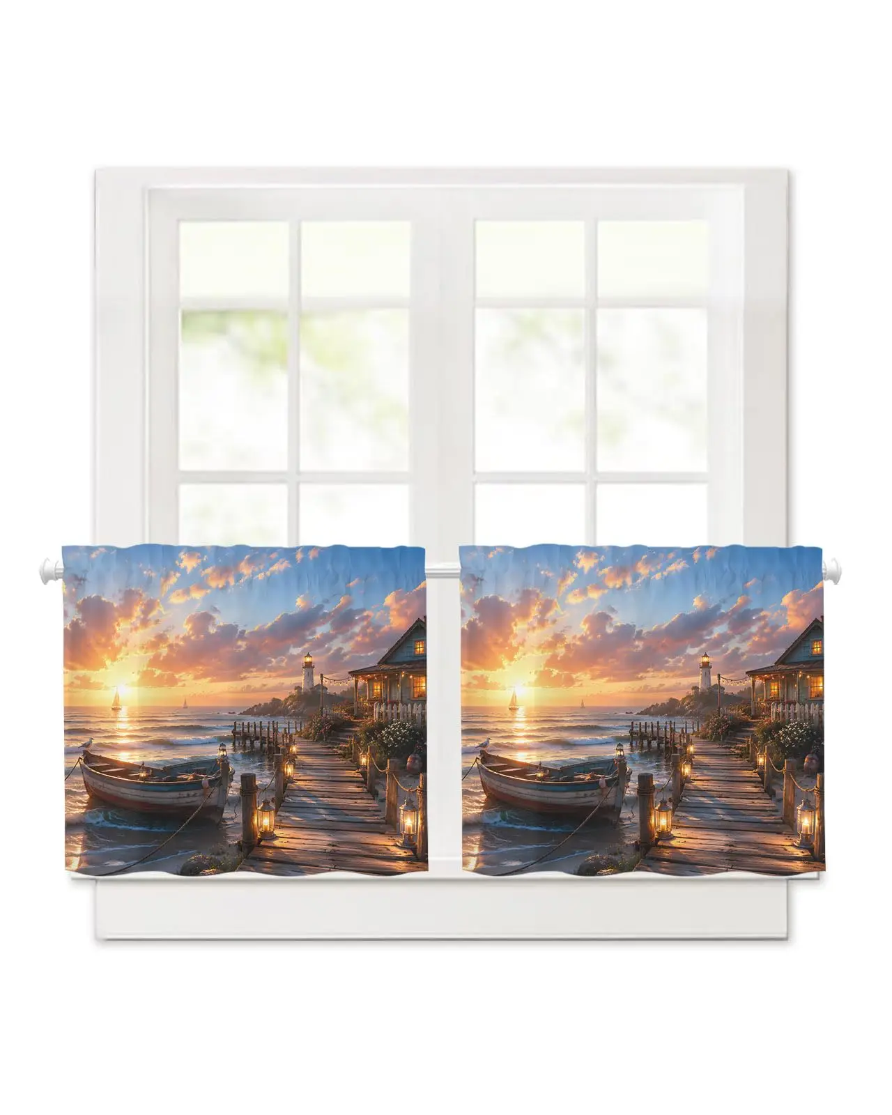 Coastal Nautical Sunset Kitchen Curtains - 45 Inch Length Kitchen Window Curtains Over Sink - Short Blackout Curtain