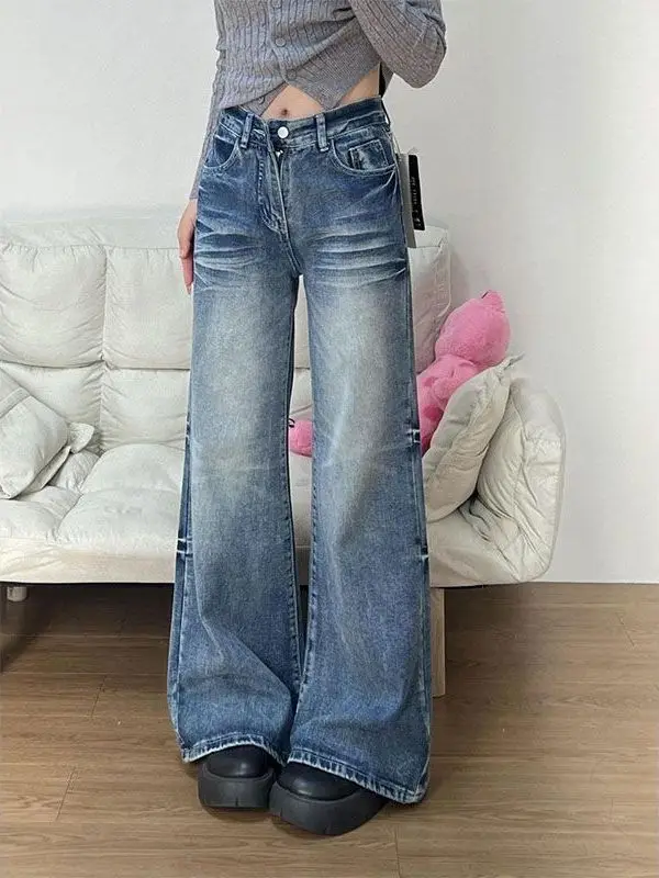 

High Waist Wide Leg Straight Cut Retro Washed Denim Jeans Women's American Style Spicy Girls Loose Fit Slimming Floor Length ...