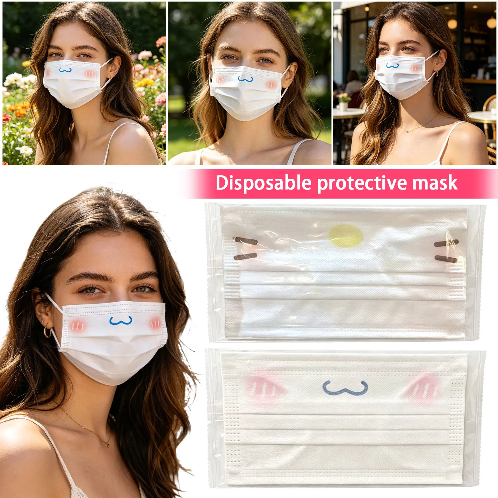 10Pcs Adult Cartoon Cute Disposable Mask Breathable 3 Layer Face Masks Anti Dust Disposable Protection Masks
