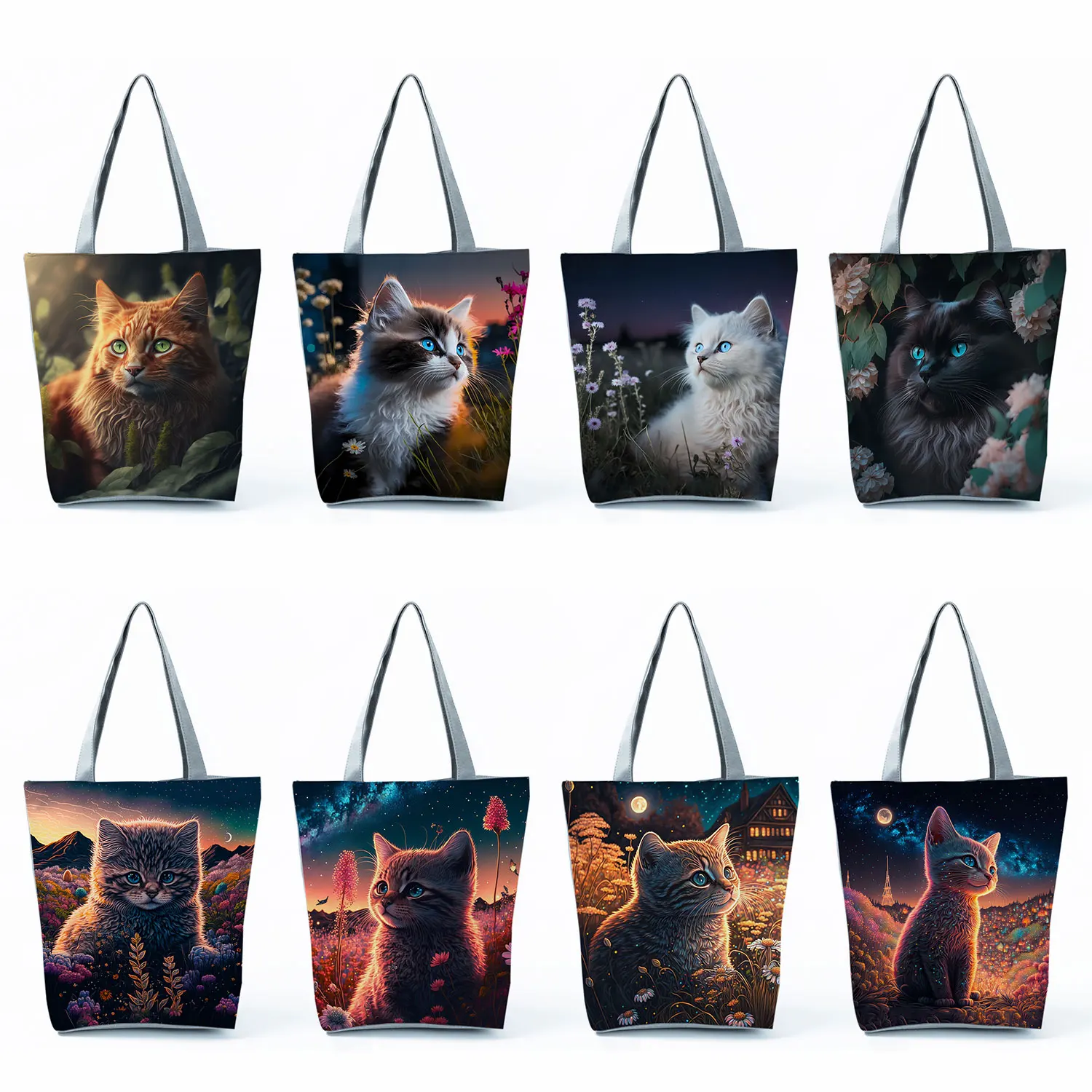 Custom Cartoon Floral Cat Printed Handbags High Capacity Casual Women Beach Tote Bags Cute Animal Eco Reusable Shopping Bags