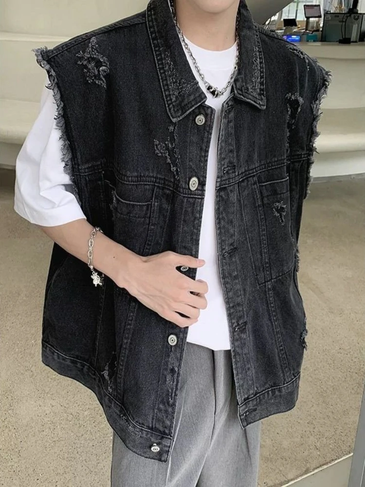 

Men's Distressed Denim Vest Spring Summer Loose Fit Streetwear Retro Hong Kong Style Casual Jacket