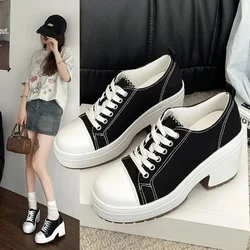 Canvas shoes women 2024 new retro high heels thick heels high top round head thin belt increase thick soled woman black shoes