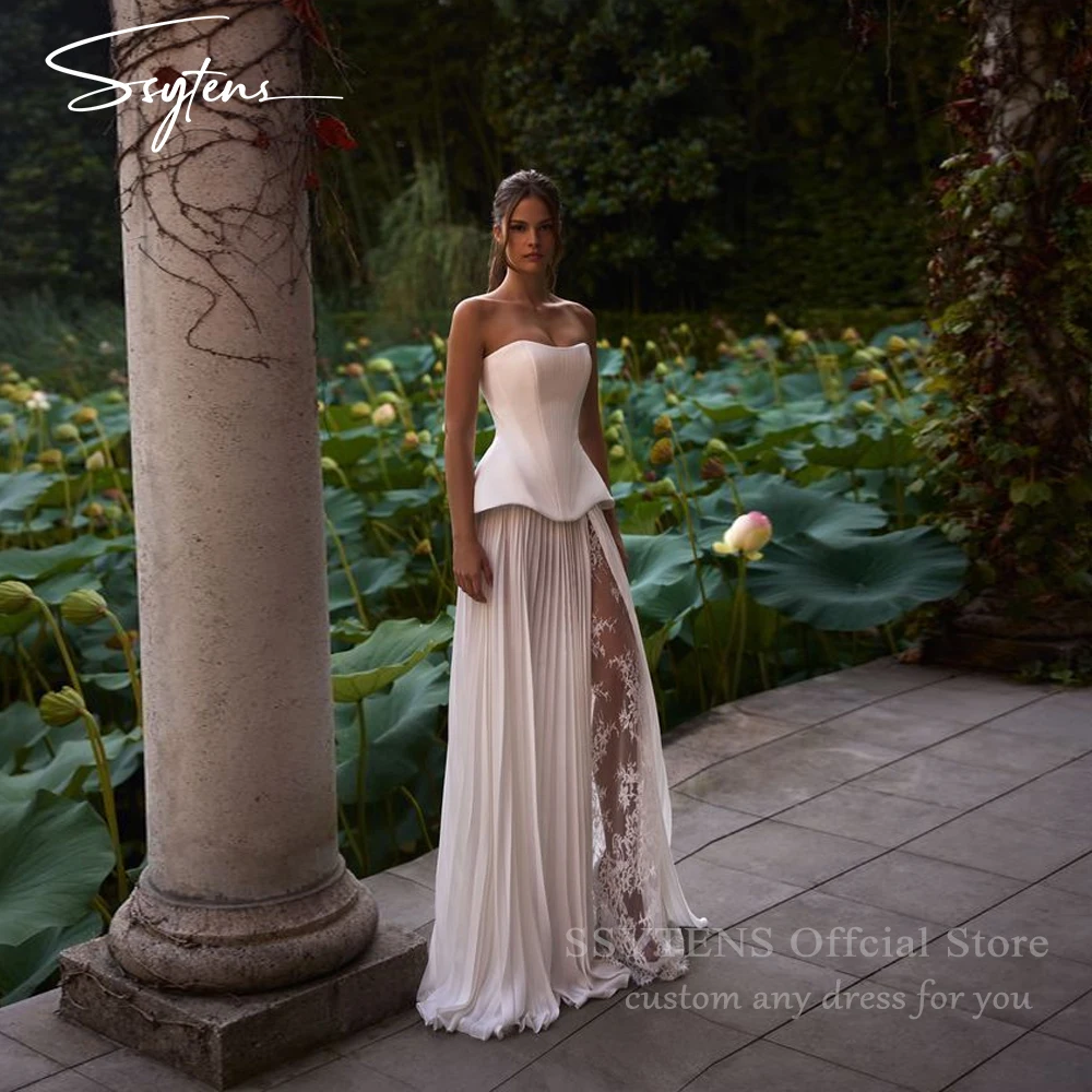 SSYTENS Elegant Beach Wedding Dresses Ivory Strapless Bridal Gowns Customized Floor Length Sleeveless Lace Pleats Bride Dress