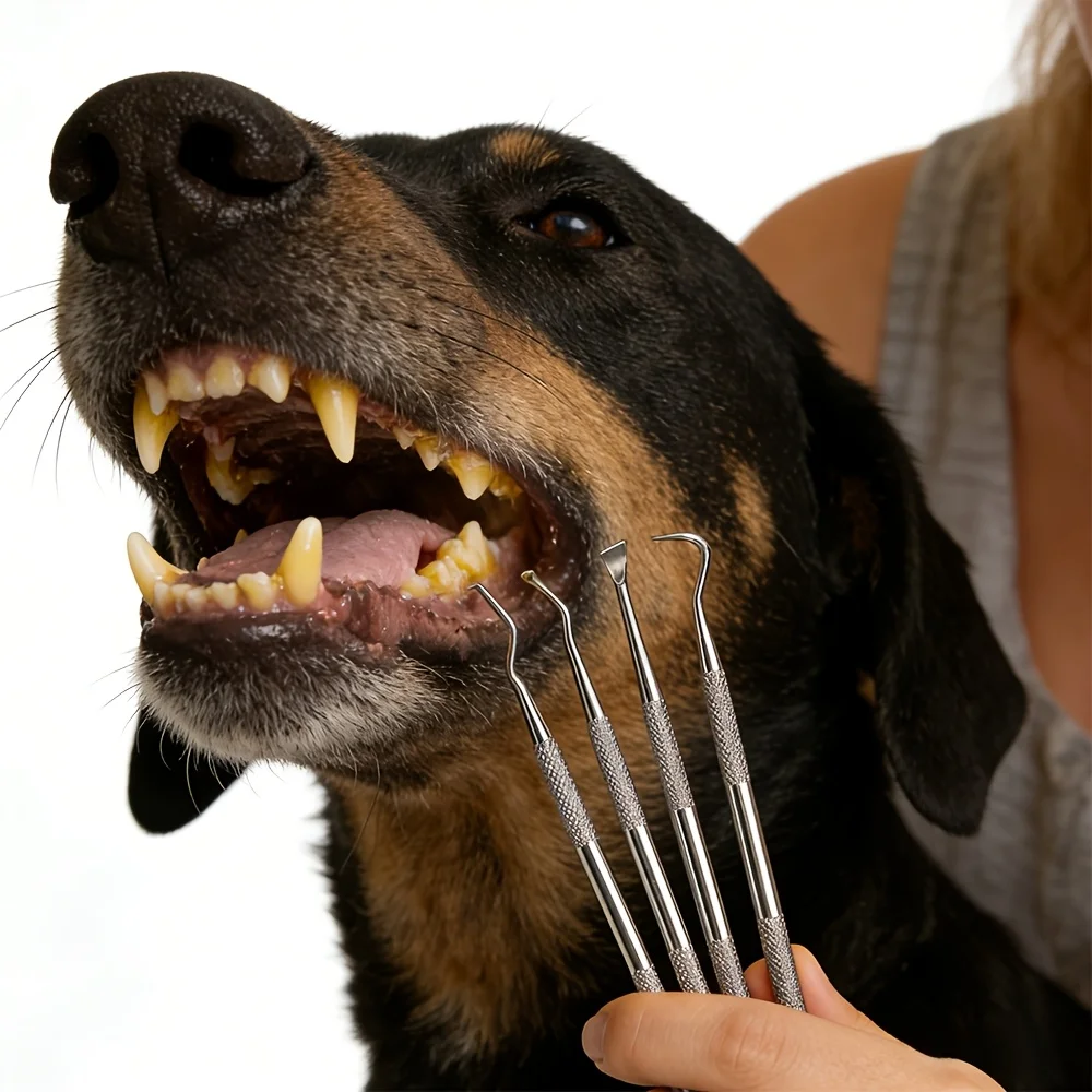 Zahnreinigungsset für Hunde, Zahnsteinentferner aus Edelstahl, Zahnsteinabschaber, gebogener Nadelreiniger, Silikon-Fingerbürste, Mundhygiene-Set für Katzen und Hunde – Detail 7