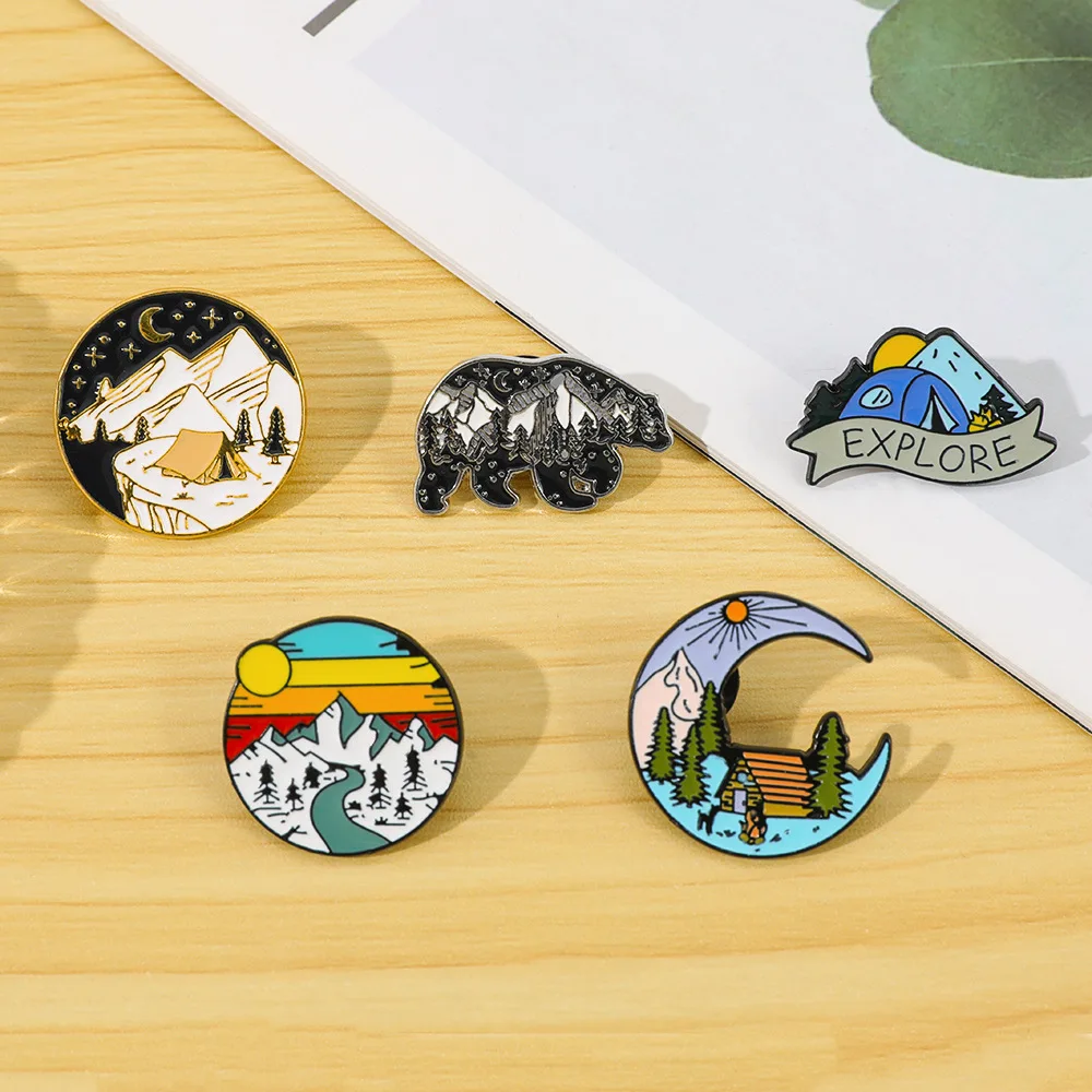Outdoor Mountain Starry Night Enamel Pin, Hiking Brooch, Bag and Clothing Lapel Pin, Adventure Badge Gift