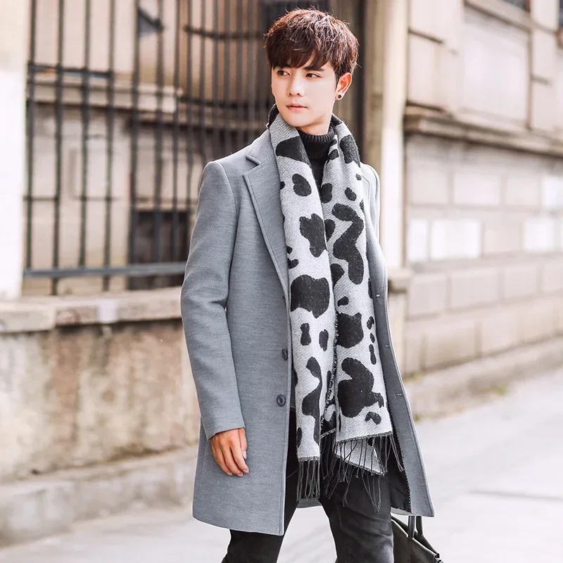 Men's Casual Long Windbreaker Slim Fit Large Size Coat Jacket Men's Solid Color Woolen Overcoat Autumn New Korean Style Fashion