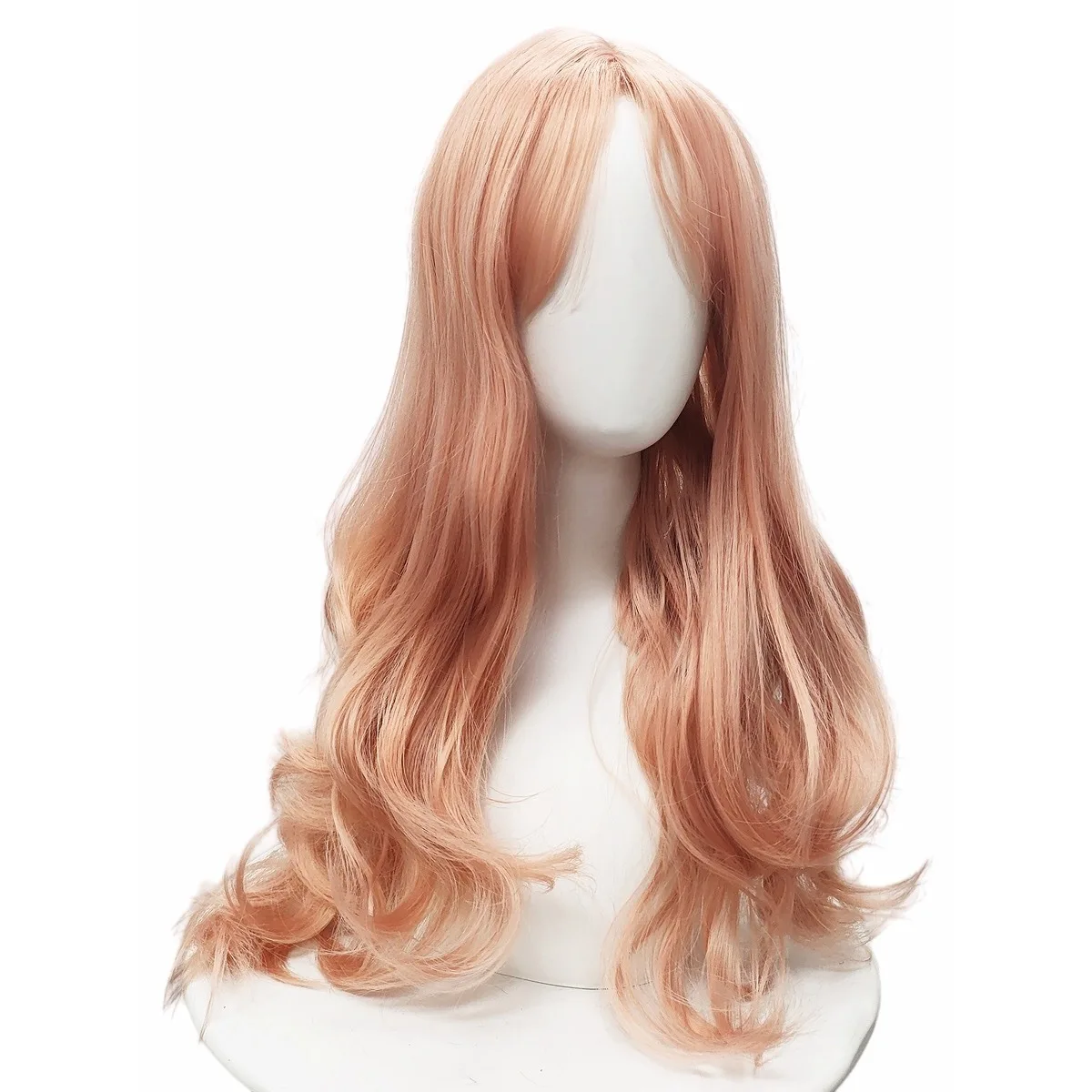 Peach Pink Long Wavy Wig Synthetic Curly Layered Side Bangs Fashion Daily Princess Anime Costume Wig Halloween Cosplay Party