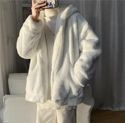 Winter Harajuku Style Oversized White Faux Fur Coat Men with Hood Long Sleeve Zipper Hoodie Casual Loose Jacket for Men Y2k