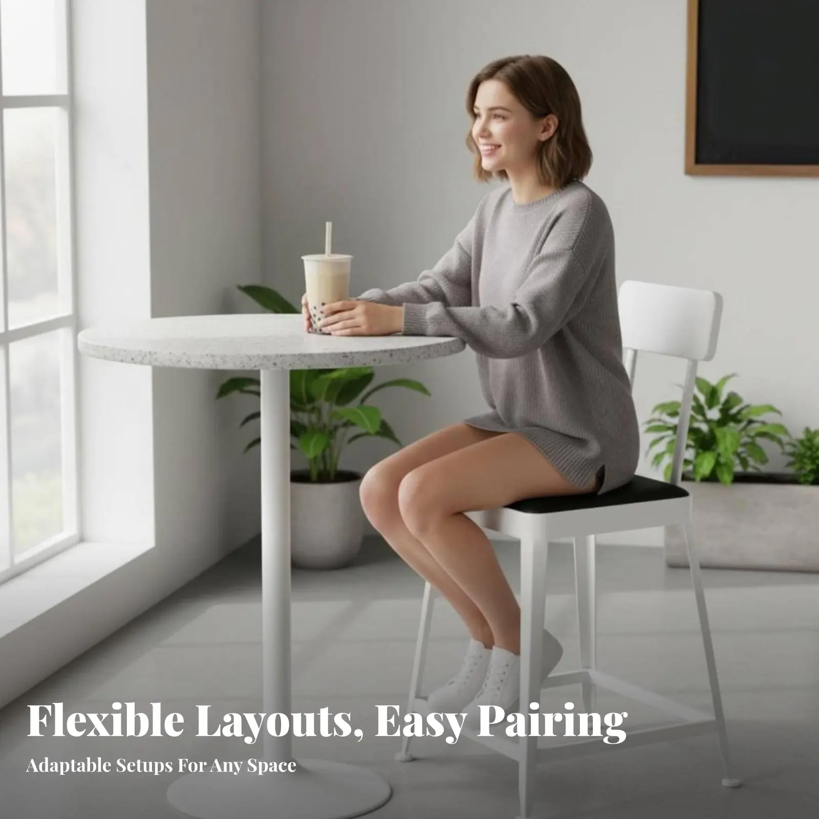 背もたれ付き丸型パブテーブル-モダンデザイン-3ピースカウンター高さテーブル＆スツールセット-省スペース調整可能な脚付き