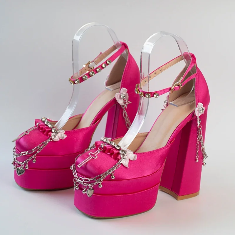 2026 Newest Metal Chain Pink Sandals 15cm High Heel Fashion Lolita Lace Satin Princess Birthday Dancing Party Shoes Size 35-42 view 4