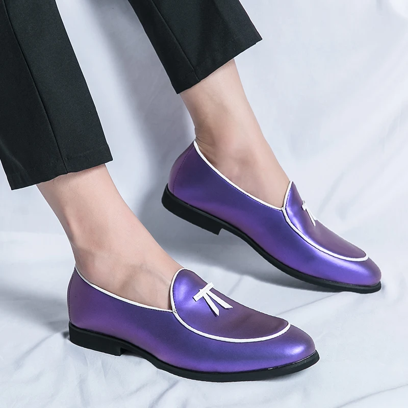 HKDQ Fashion Purple Men\'s Dress Shoes Trendy Slip-on Social Elegant Evening Shoes Man Lightweight Leather Loafers Shoes For Men