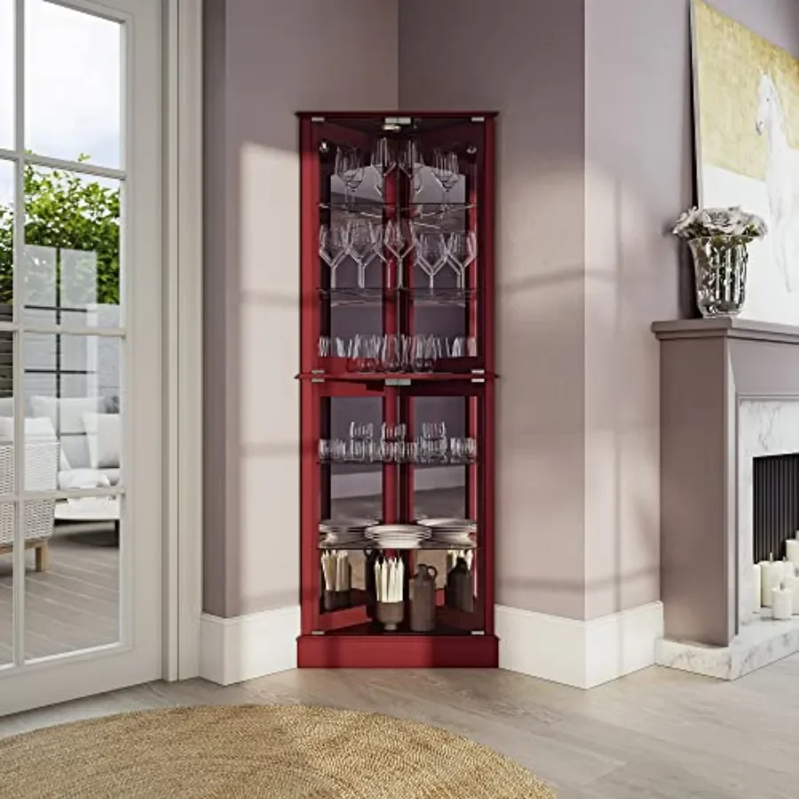 Lighted Corner Display Curio Cabinet for home bar use, wooden material, walnut finish, tempered glass door and 6 adjustable she view 3