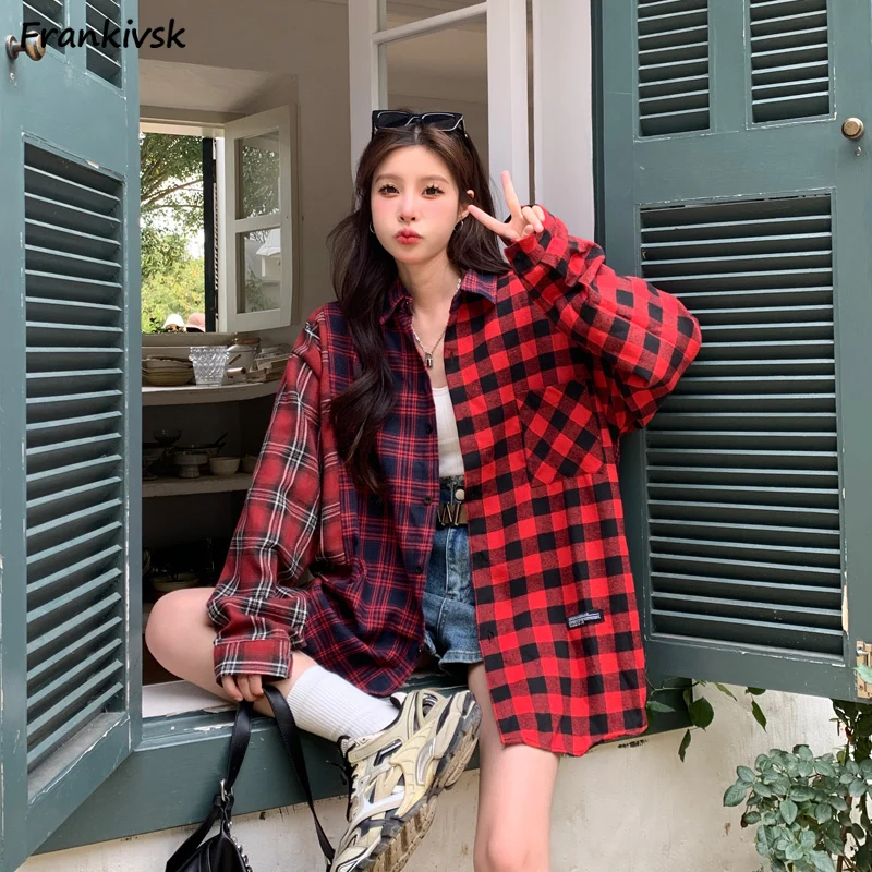 Shirts Women Patchwork Contrast Color All-match Baggy Streetwear Long Sleeve High Street Youthful Popular Clothing Autumn Daily