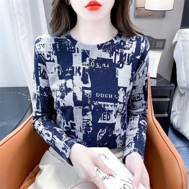 Vintage Printed O-Neck Casual Long Sleeve Letter T-Shirts Female Clothing 2024 Autumn New Loose Korean Tops All-match Tee Shirt