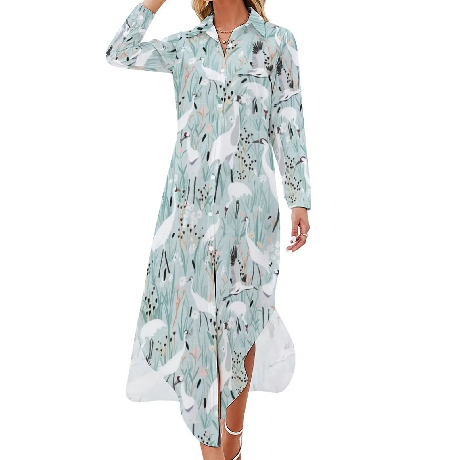 

Whooping cranes comeback light blue Long Sleeved Shirt Dress long dresses for women dresses for prom