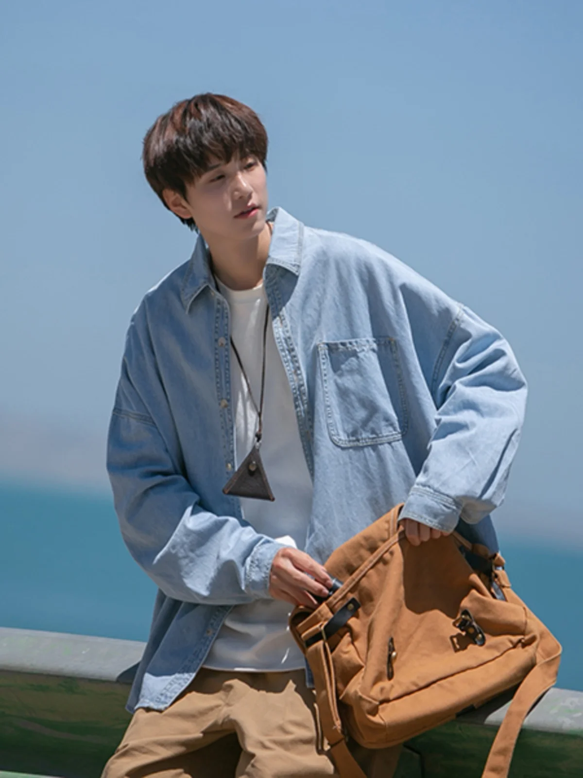 

Японская свободная повседневная удлиненная джинсовая куртка для мужчин, молодежная однотонная верхняя одежда для подростков и студентов