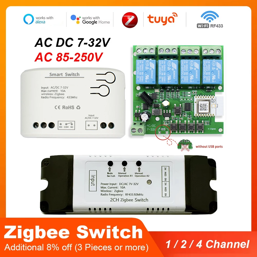 Zigbee Tuya Smart Relay Module Home Automation 1/2/4CH 12V 7-32V AC 220V RF433Mhz Remote Control Light Switch Work With Alexa