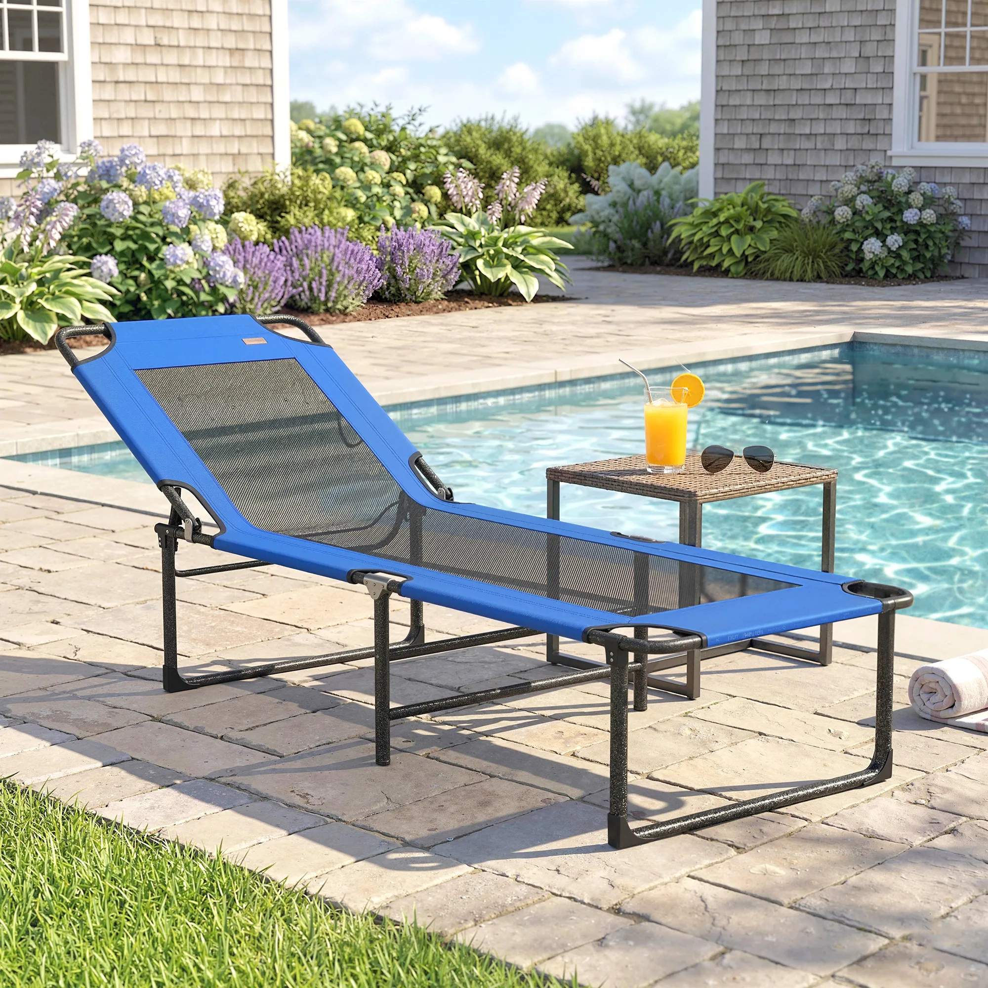 Chaise longue pliante Outsunny, chaise longue de jardin d'extérieur avec dossier réglable en 4 positions, poignées de transport et dossier en textilène, charge 120 kg, pour terrasse, piscine, plage, 175x58x68 cm, bleu