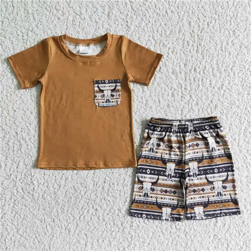 

Baby Boy Summer Western Tribal Cow Skulls Clothing Short Sleeve Pocket Shirt Shorts Wholesale Children Kid Set Fashion Outfit