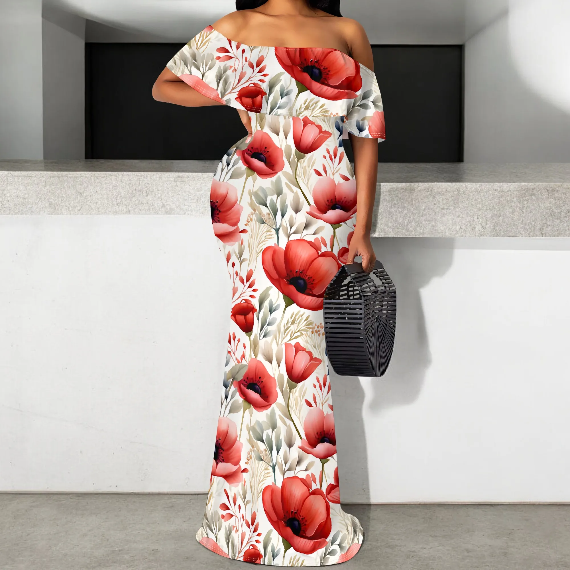 

Elegant Floral Maxi Dress S-3XL Off Shoulder Poppy Print Summer Wedding Guest Dress