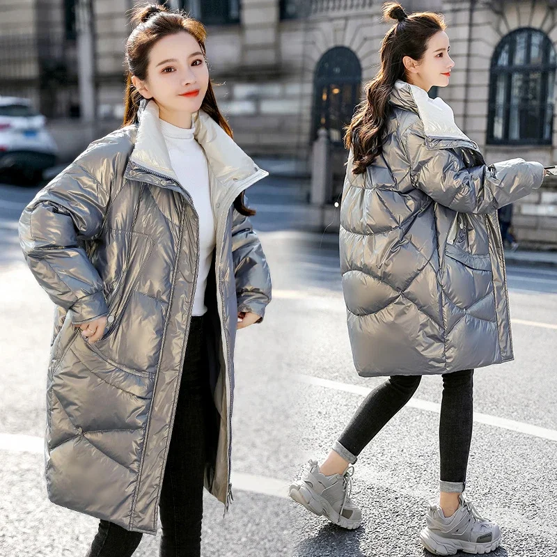 

Stand Collar Winter Clothes Contrast Color Loose Down Jacket Women Long White Duck Down Coat Ladies Grey Pink Puffer Overcoat