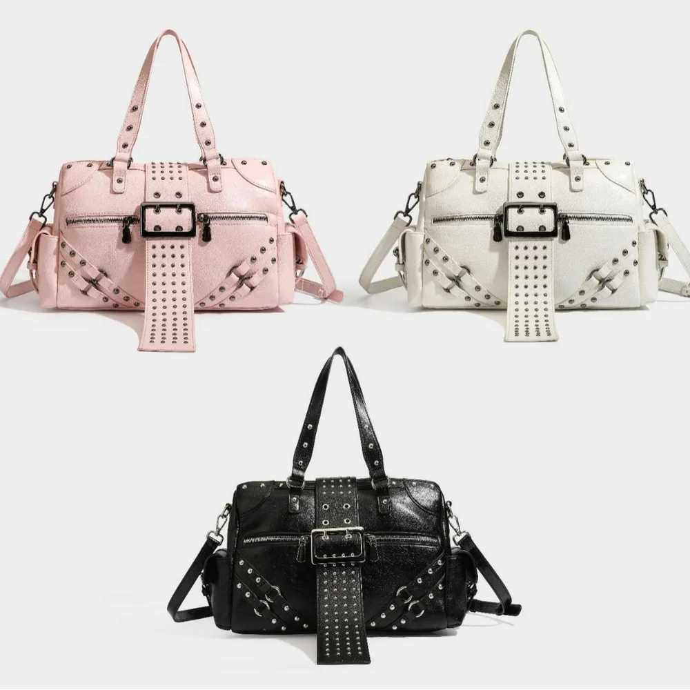 Punk Rivet Motorbike Shoulder Bag Retro Belt Buckle Design Y2k Handbag Multi-pocket Underarm Bag Soft Leather Commuter Tote Bag