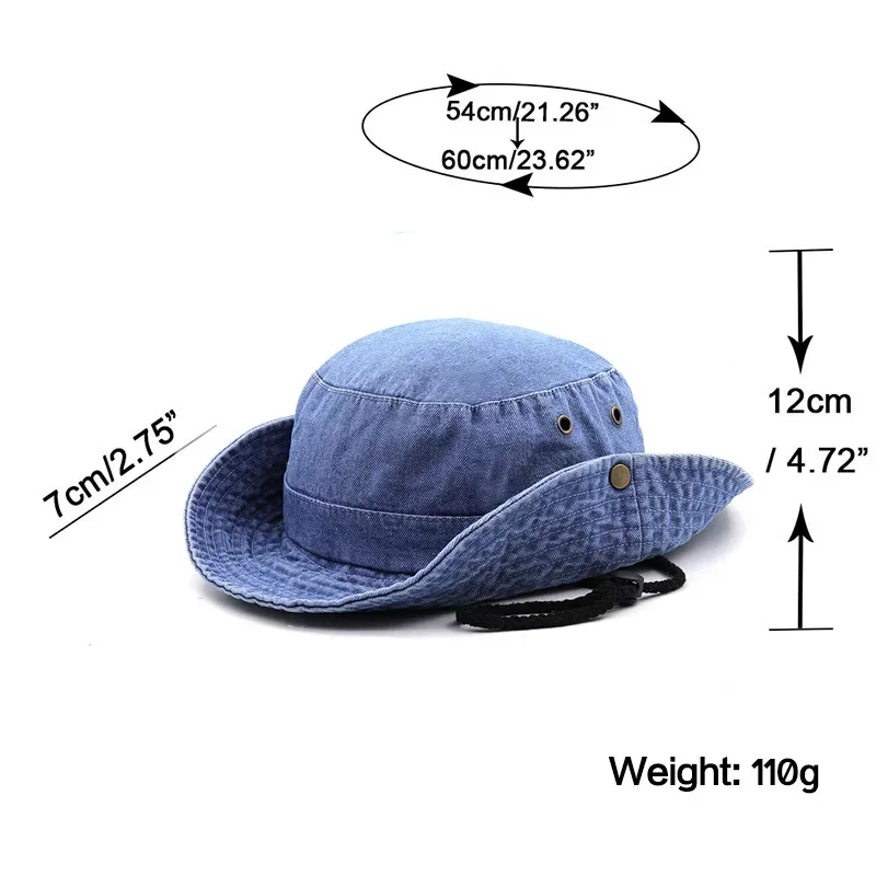 2024 Blue Cowboy Bucket Hat with String  Men Denim Beach Sun Hat for Women Outdoor Hiking Couple Bob Panama Summer Fisherman Hat