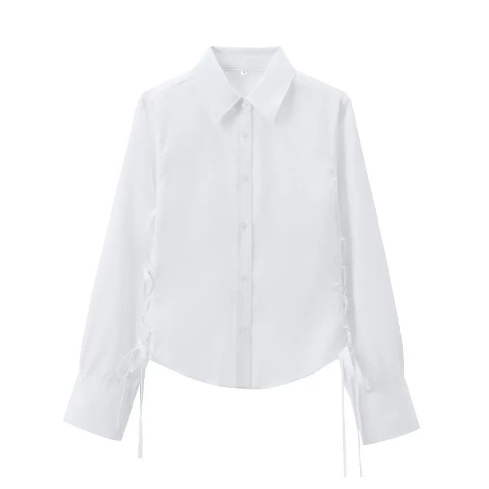 

2025 New women's loose fitting top with collar long sleeved buttons side ties spring and summer new fashion shirt