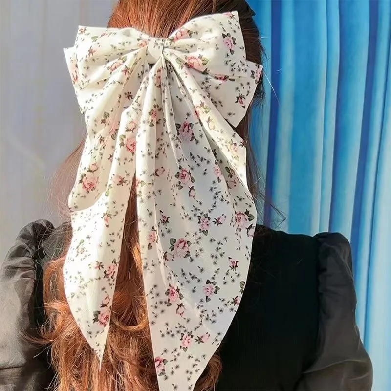 

BYL French Countryside Style Small Floral Bow Hair Clip Gentle High-end Feel Long Ribbon Fabric Hair Accessories for Women Girls