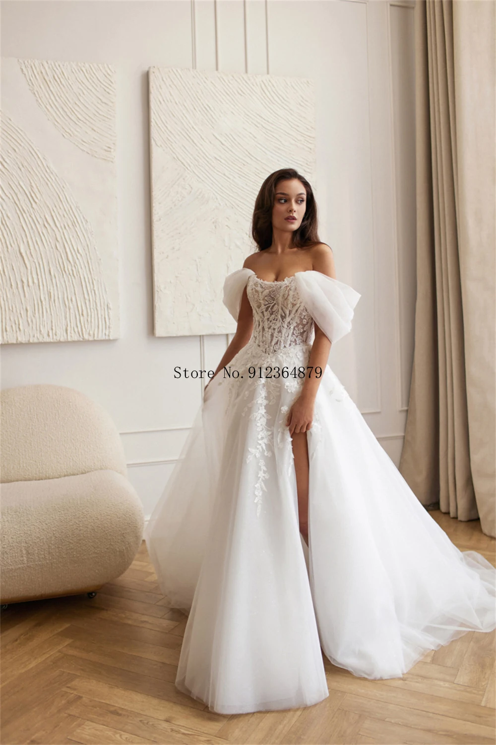 Robe de mariée personnalisée en dentelle, épaules dénudées, manches bouffantes, fente haute, Style romantique élégant