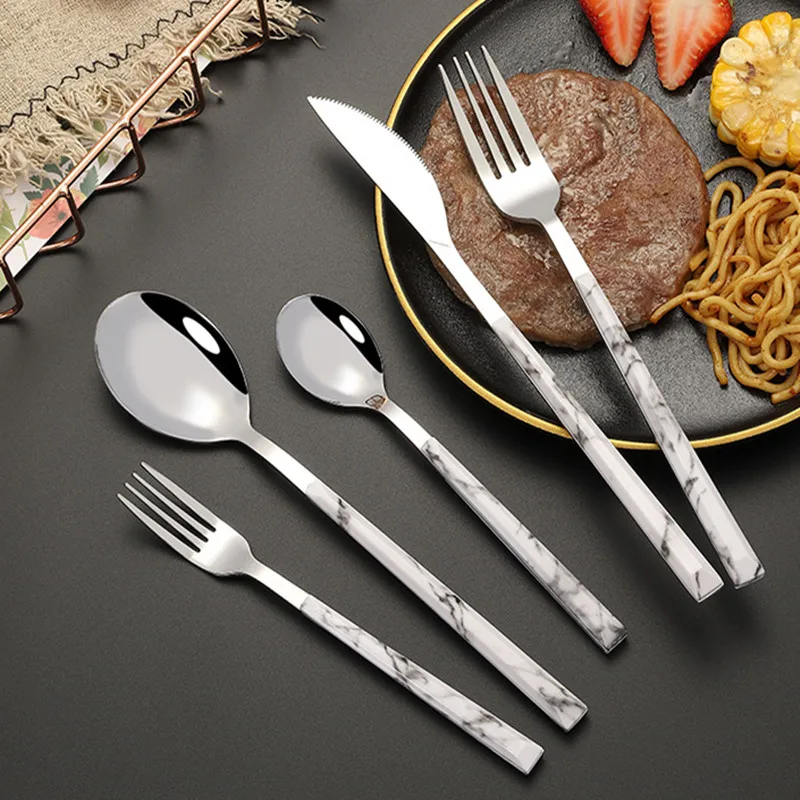 Stainless Steel Marble Silver Tableware Steak Knife Fork Dessert Spoon Western Dinnerware Kitchen Utensil