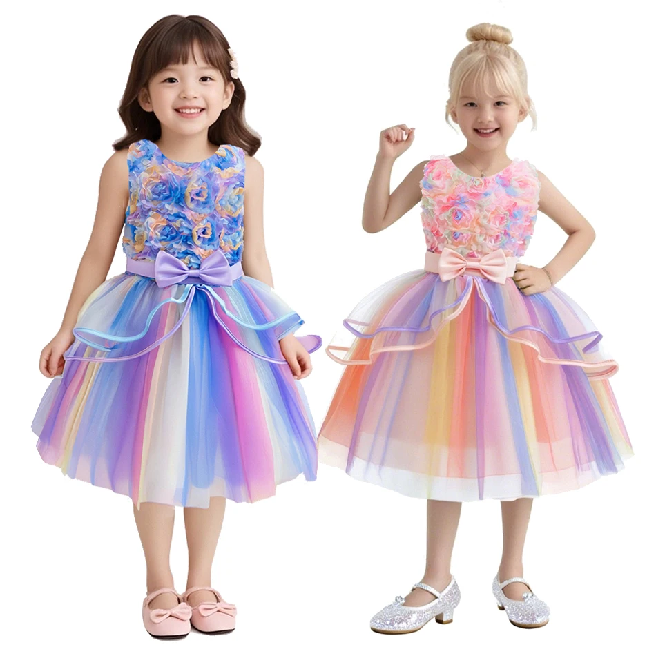 

Rainbow Floral Party Dress For Girls Summer Sleeveless Tulle Bow Frocks Little Girl Birthday Dress Luxury Princess Elegant Gown
