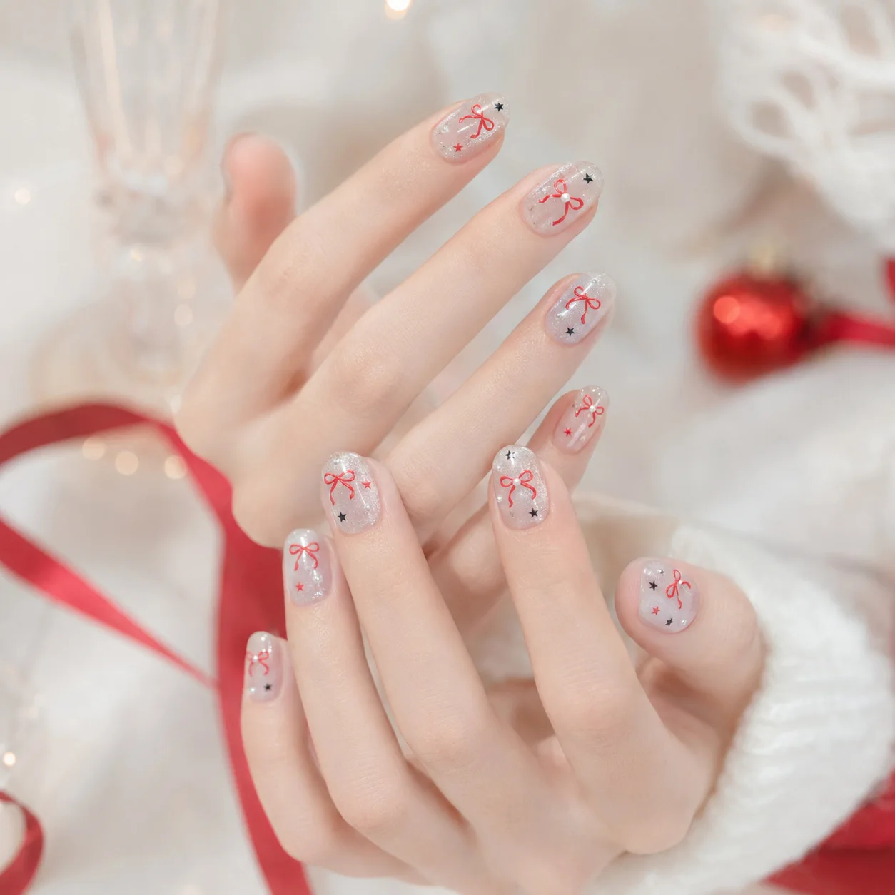 Wine Red Bow 5D Nail Sticker Vintage Burgundy Bow Black Star Relief Bow Decorated With Pearl Decal Self Adhesive Retro Manicure view 5