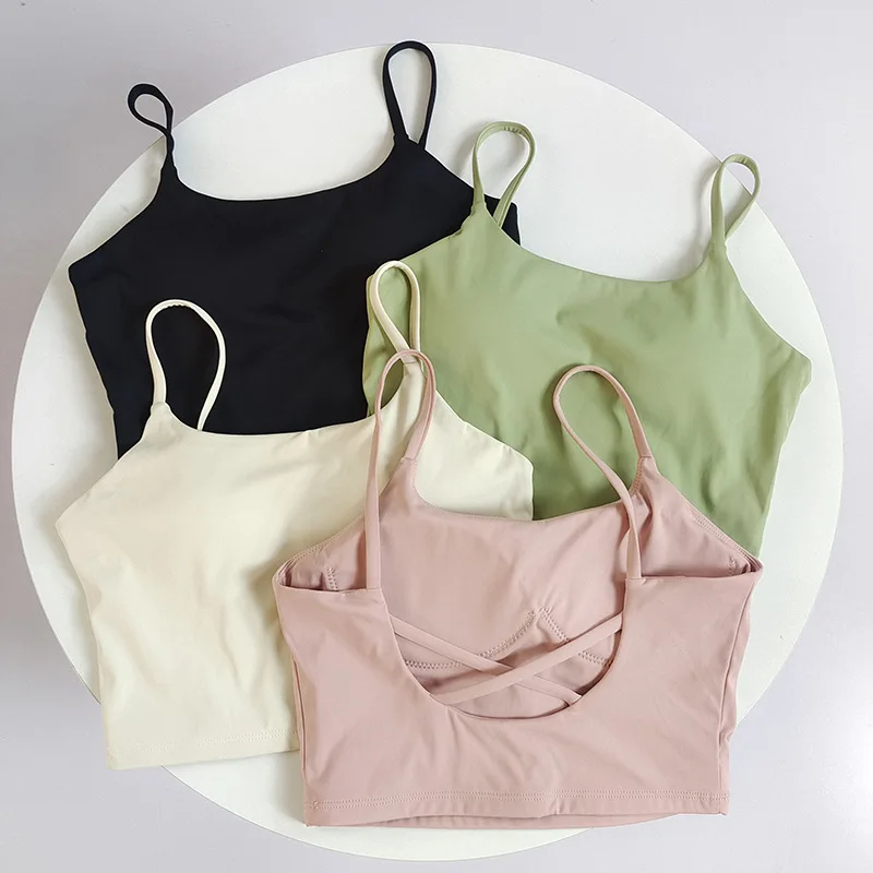 

Women's Sexy Cross Back Sports Bra Fixed Cup Thin Strap Running Fitness Yoga Vest for Outer Wear